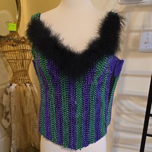 Beaded Feather-Trim Camisole Top in Purple & Green
